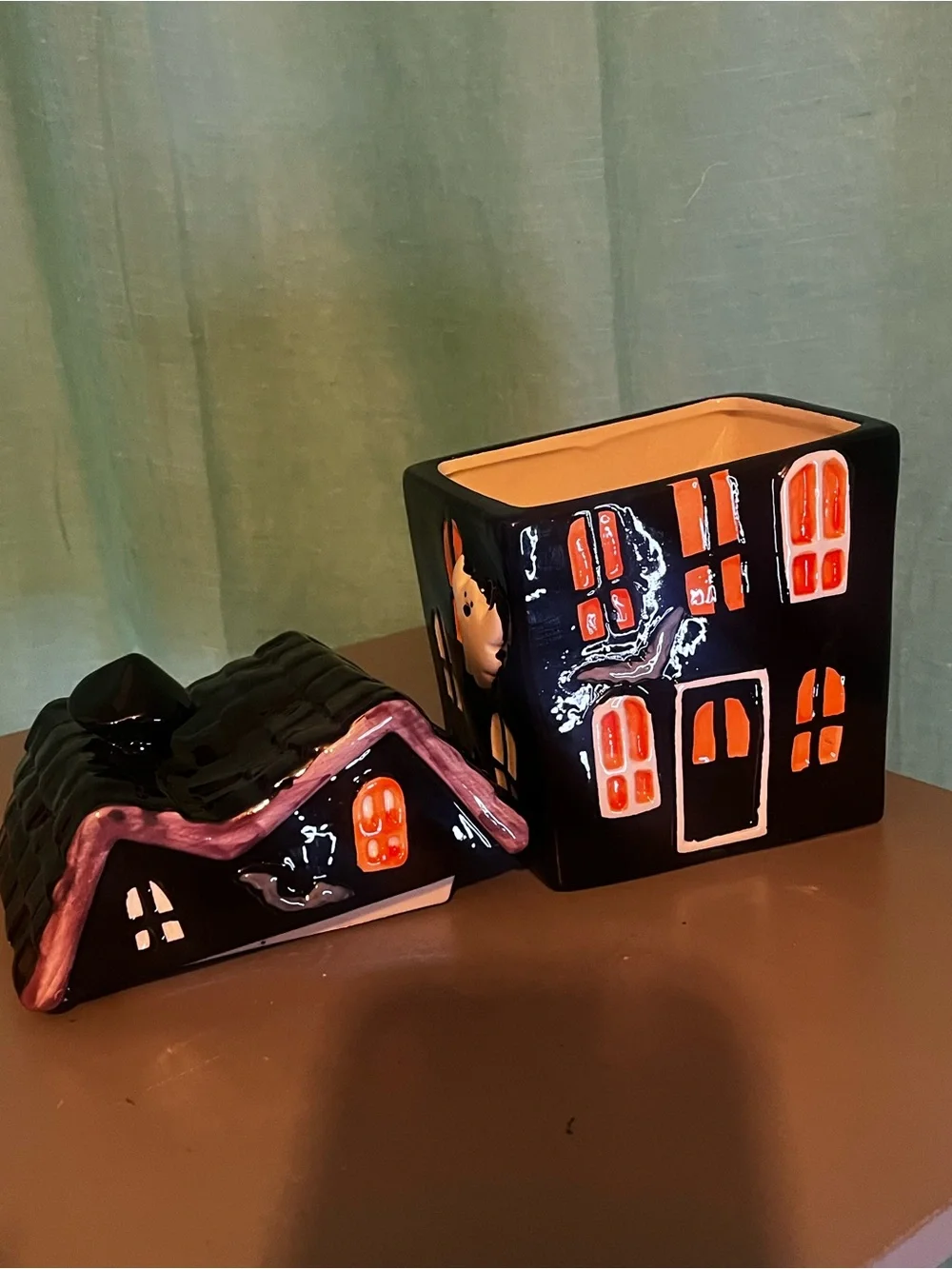 Black and Orange Haunted Ceramic House Candy Jar by